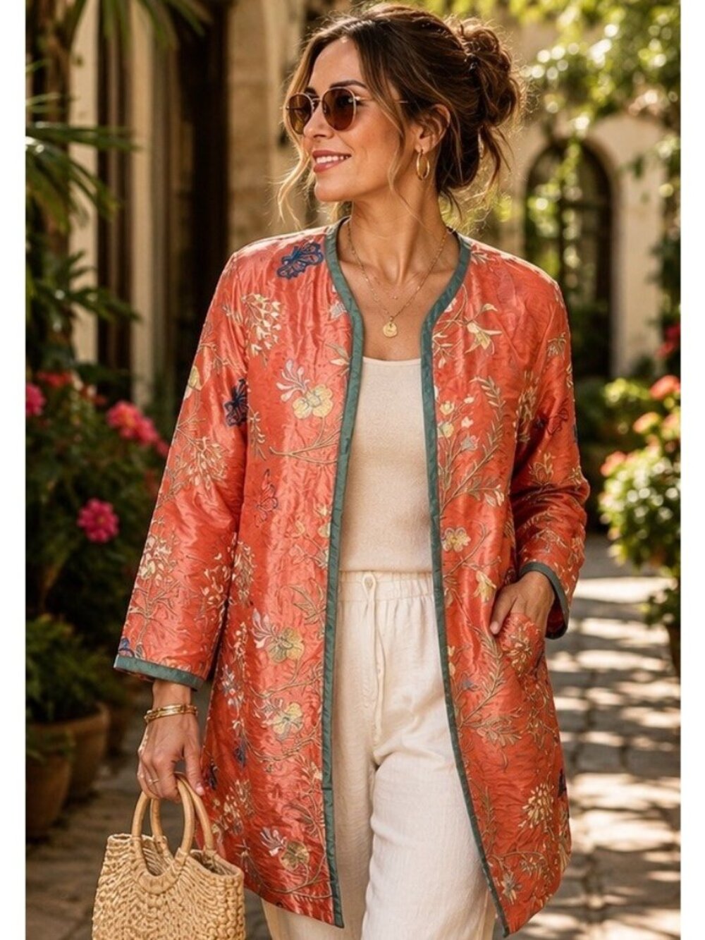 VTG Reversible Silk Embroidered Asian Open Jacket Floral Butterfly Boho SZ XL
